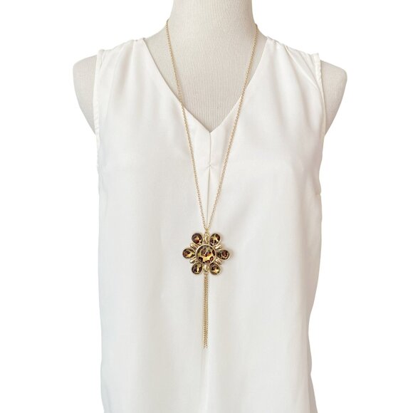 Gold Tone Leopard Print Flower Tassel Long Statement Necklace - Picture 1 of 4